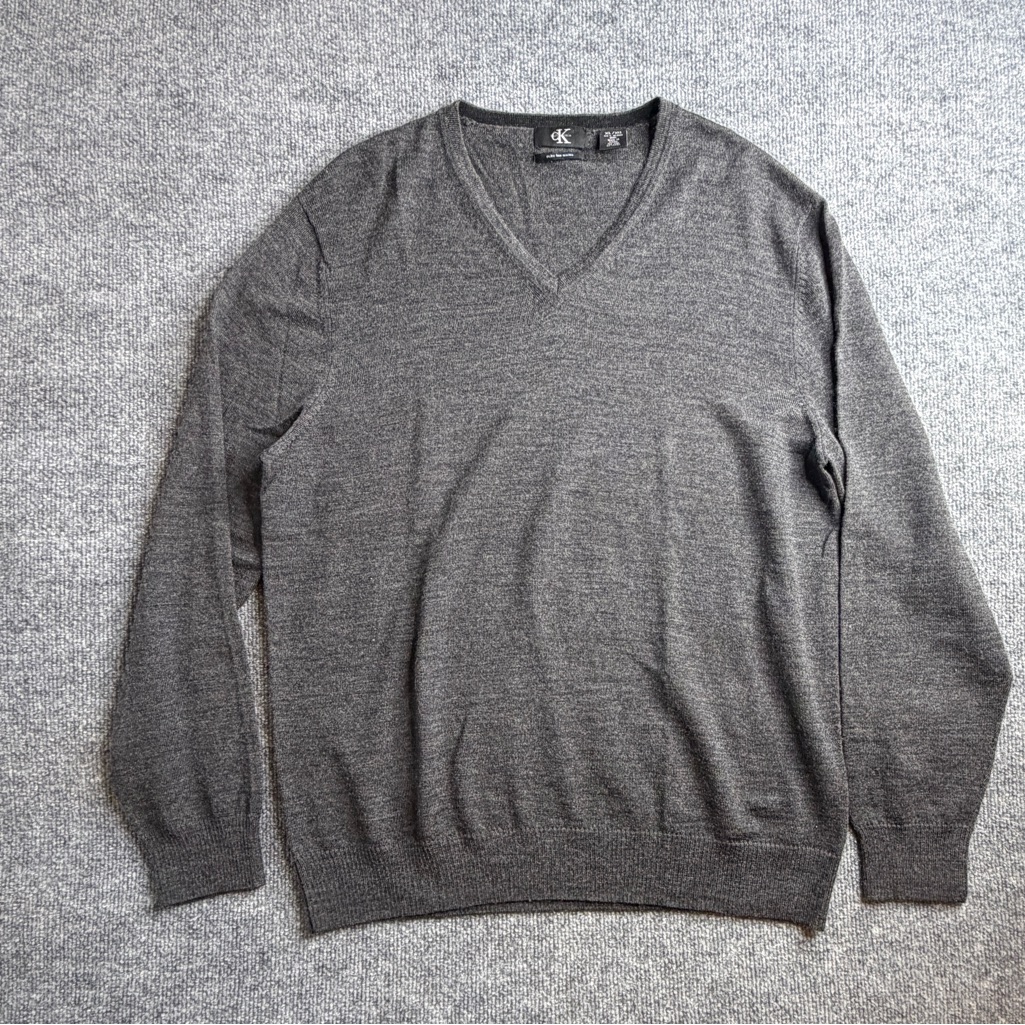 Calvin Klein Sweater Men Xlarge Gray Merino Wool V-Neck Jumper Old Money Luxury